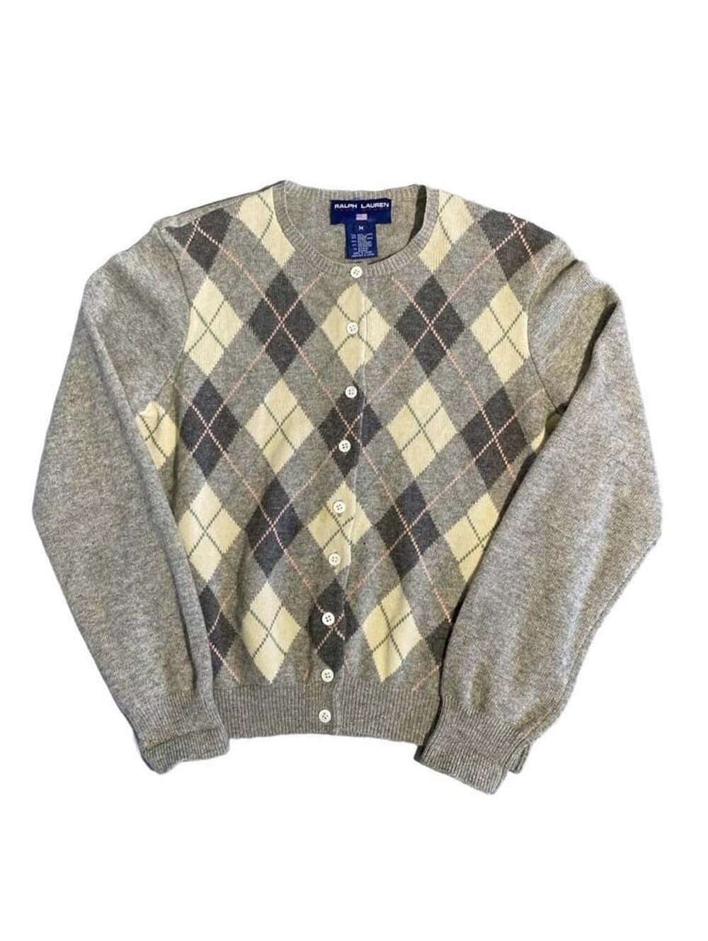 Ralph Lauren Polo Sport Argyle Cardigan Sweater Size M Grey Wool Blend